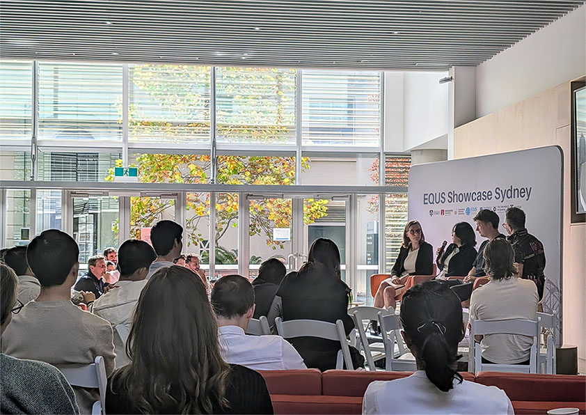 Image of panellists Claire Edmunds, Cassandra Chua and Sam Roberts in conversation with Ms Bernie Hobbs