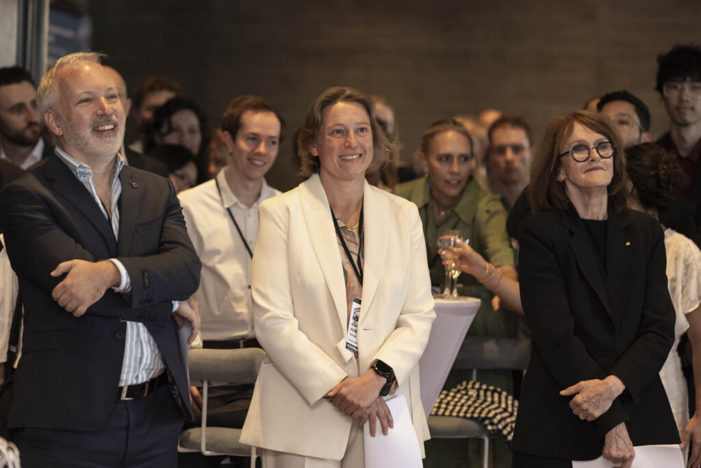Candid photo of Prof. Stephen Bartlett, Prof. Anika Gauja and 9th Chief Scientist of Australia, Dr Cathy Foley