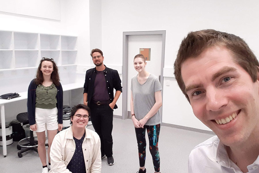 Left to right: Sophia, Justin, Tim, Jacinta, and John (First group meeting, March 2021, Sydney Nanoscience Hub)