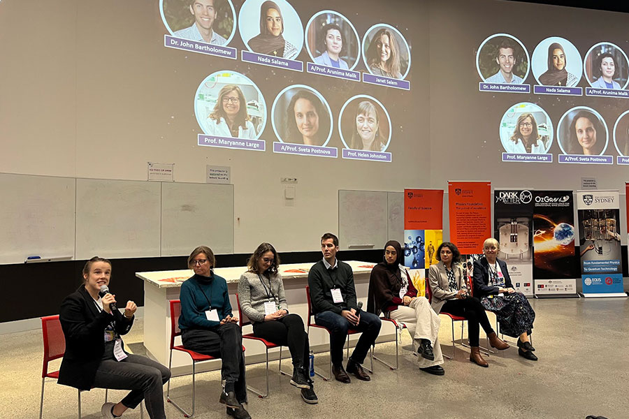 Dr Xanthe Croot hosts a live Q+A on day 2 (23 July) with pannelists (from left to right): Prof Maryanna Large, A/Prof Sveta Postnova, Dr John Bartholomew, Nada Salama, A/Prof. Arunima Malik and Prof Helen Johnston