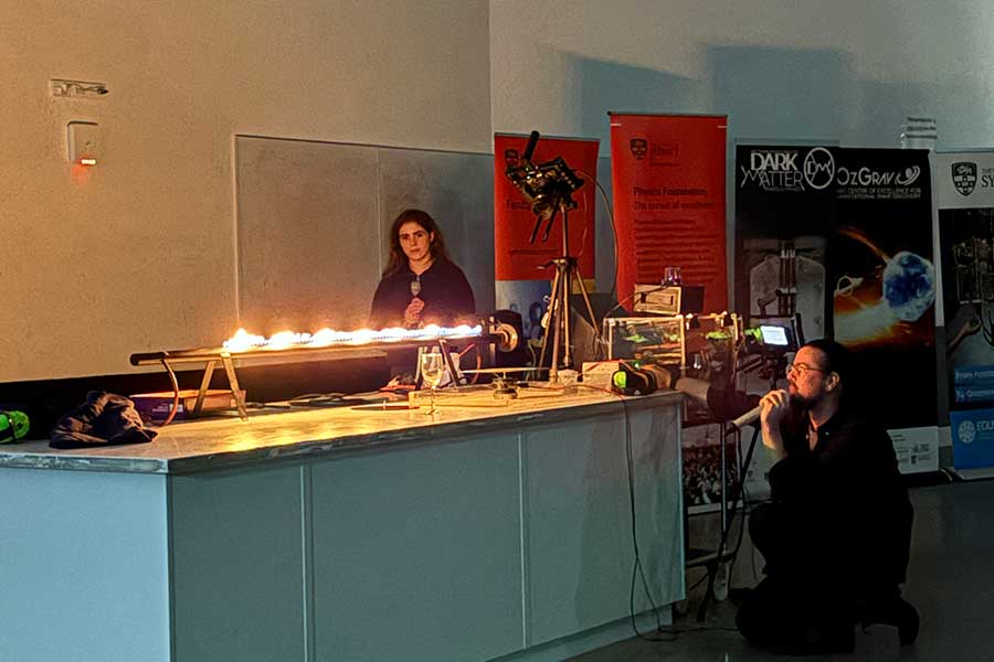 PhD candidates Tim Newman and Stephanie Rossini-Bryson visualise soundwaves with Chladni plates and a Ruben’s Tube