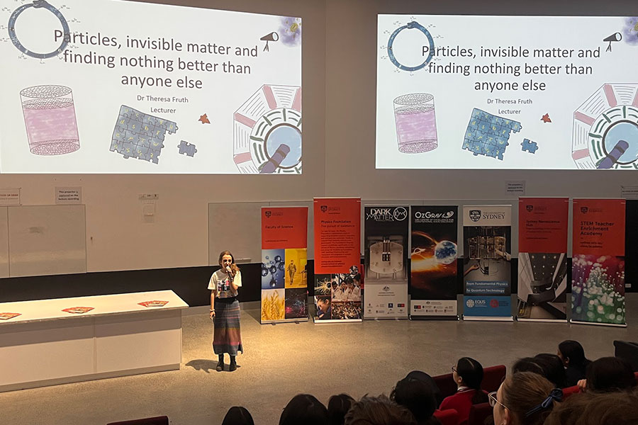 Dr Theresa Fruth introduces students to particle physics, different species of particles and the search for dark matter